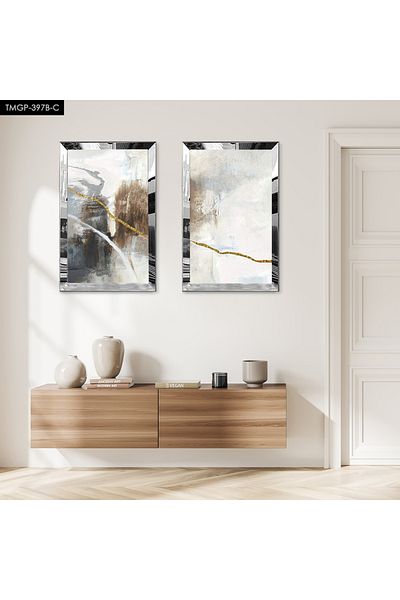 Zevahir Mobilya Dekorasyon SET DE MASA MDF DUBLA CU MODEL NEGRU SI AUR CU CADRU PLEXY CU OGLINDA SILVER FOND ALB