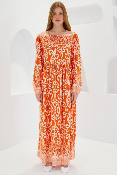 JANES Orange Ecru Patterned Long Viscose Dress 1947