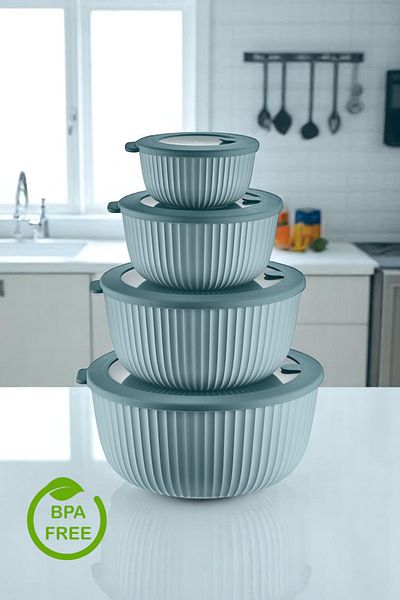 Sevinse Home Dora Set of 4 Vacuum Sealed Storage Containers with Lids, Microwave and Freeze Suitable Blue Vacuum Bowl