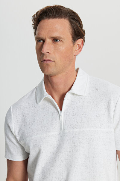 ALTINYILDIZ CLASSICS Men's Ecru Cotton Slim Fit Slim Fit Polo Neck Jacquard Stretch T-Shirt