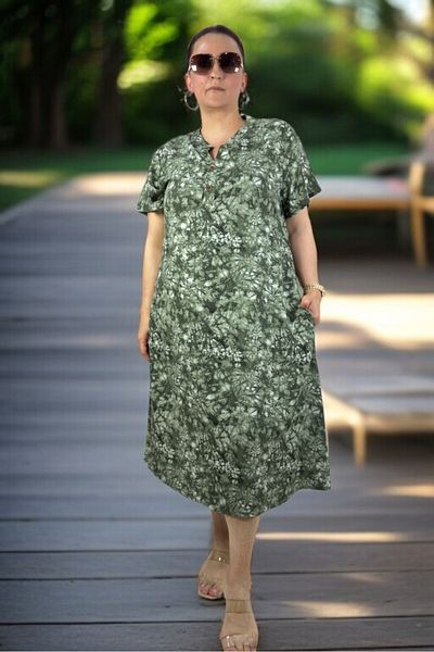 yagmurberen Front Half Buttoned Judgment Collar Pocket Short Sleeve Medium Length Plus Size Cotton Viscose Dress