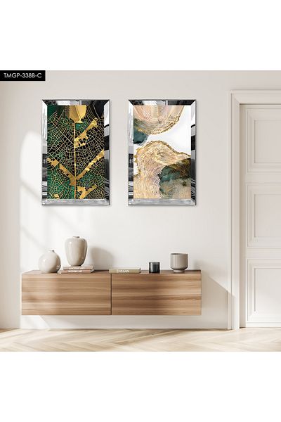 Zevahir Mobilya Dekorasyon SET DE MASA MODERN BILATERAL MDF CU MODELE VERDE CU CADRU DE PLEXY CU OGLINDA SILVER FOND ALB