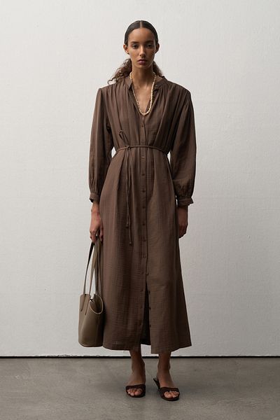 mathilda store Women's Bitter Brown Muslin Midi Shirt Dress