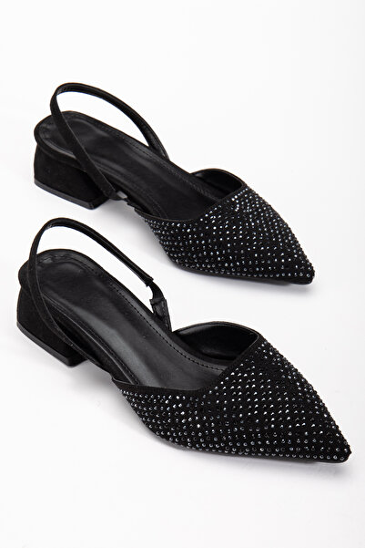 bakacstore Kadın Siyah Süet Taş Detaylı Sivri Burun Arkası Açık Ayakkabı