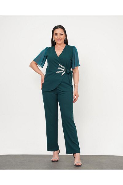 Butik Nilyam طقم بنطلون بلوزة نسائية مقاس كبير مزدوج الصدر وياقة على شكل ورقة شجر لؤلؤية وأكمام شيفون 24727