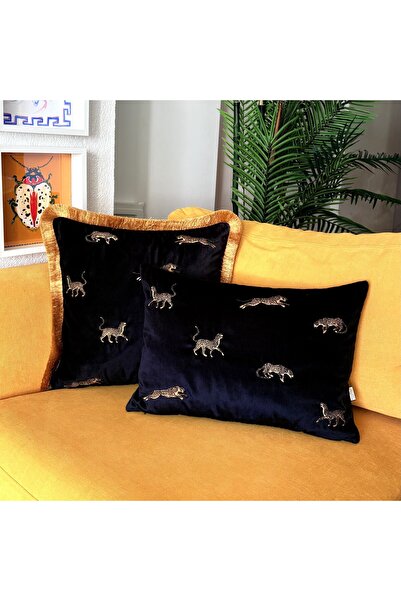 ge living Dekoratif Leopar Desenli Siyah Kadife Kırlent Kılıfı 35 x 50 cm