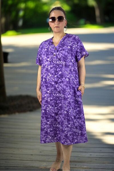 yagmurberen Front Half Buttoned Judgment Collar Pocket Short Sleeve Medium Length Plus Size Cotton Viscose Dress