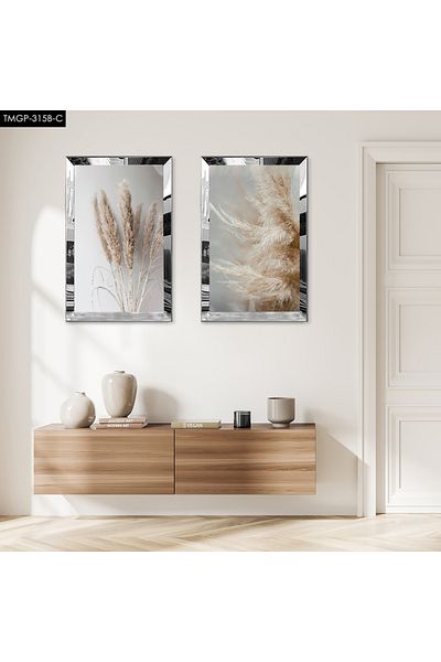 Zevahir Mobilya Dekorasyon FLORI DESICATE CU CADRU DE PLEXY CU OGLINDA ARGINTIE FOND GRI SET DE TABLĂ MDF DUAL