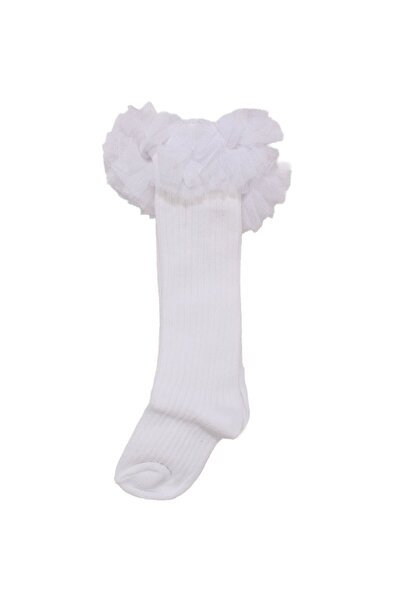 bebegen Kız Bebek Beyaz Fitilli Bileği Tüllü Diz Altı Çorap