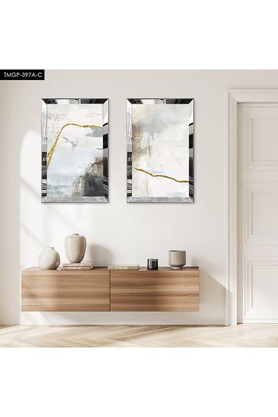 Zevahir Mobilya Dekorasyon SET DE MASA DECORATIVĂ DUBĂ MDF CU CADRU DE PLEXY CU OZNĂ DE ARGINT, FOND ALB, MODEL NEGRU ȘI AUR