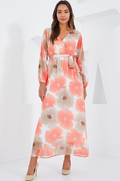 JANES Orange Beige Floral Patterned Chiffon Dress 2134