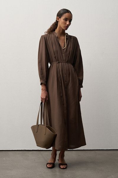 mathilda store Women's Bitter Brown Muslin Midi Shirt Dress