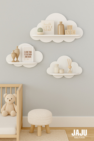 Jaju Baby 3'lü Beyaz Bulut Raf Set Çocuk Ve Bebek Odası Aksesuar Raf