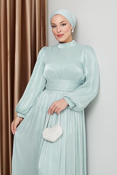 Olcay Večerní šaty z hedvábného hidžábu s vlečkou a stahovací šňůrkou, Yoryo Mint 1225