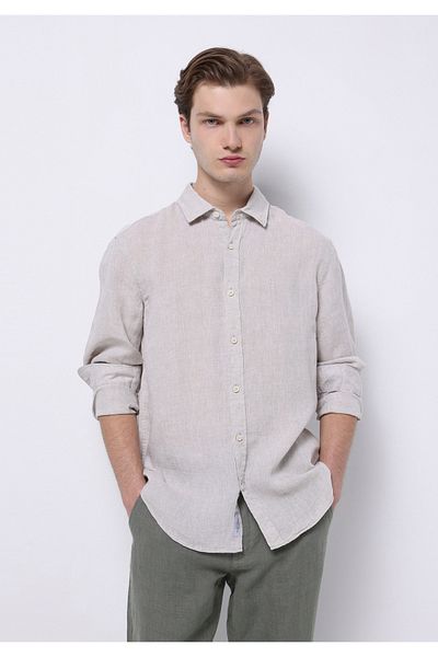 Colin's Regular Fit Shirt Neck Plain Men's Linen Blended Beige Long Sleeve Shirt