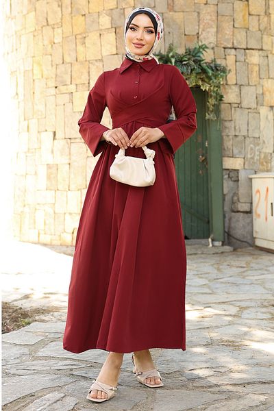 InStyle Rochie burgundă cu guler de cămașă cu detaliu de curea