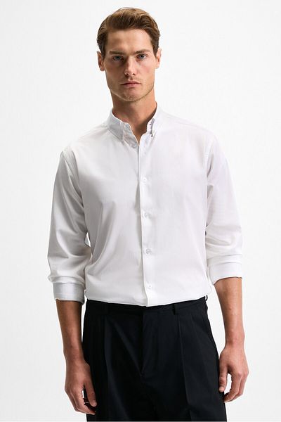 GRIMELANGE Risto Men's Fabric Shirt Collar Cuffed White - Minimizing the Need for Button-Down Washouts