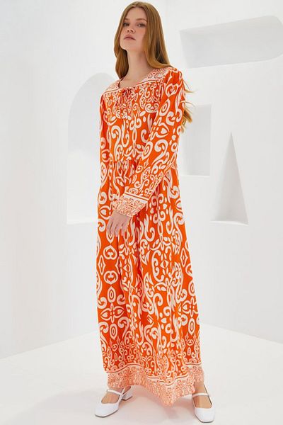 JANES Orange Ecru Patterned Long Viscose Dress 1947