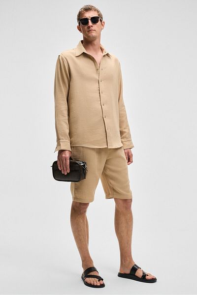GRIMELANGE Raimo Men's 100% Cotton Muslin Fabric Cuffed Long Sleeve Comfort Fit Beige Shirt