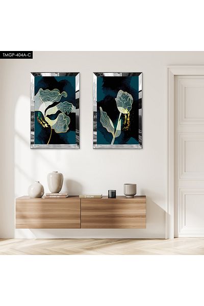 Zevahir Mobilya Dekorasyon SET DE MASA MDF DUBLA DE TRANDAFIR DECORATIV CU CADRU DE PLEXY CU OGLINDA ARGINTIE FOND VERDE