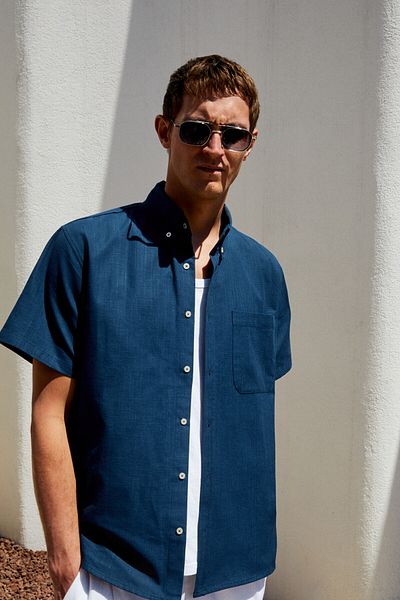 GRIMELANGE Passi Men's Short Sleeve Single Pocket Relaxed Fit Relaxed Fit Navy Blue Shirt