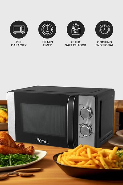Royal Manual Microwave Oven, 6 Power Leves, 30 Min Timer, Child Safety-lock, 20 L 700 W Ra-20xm2 Black