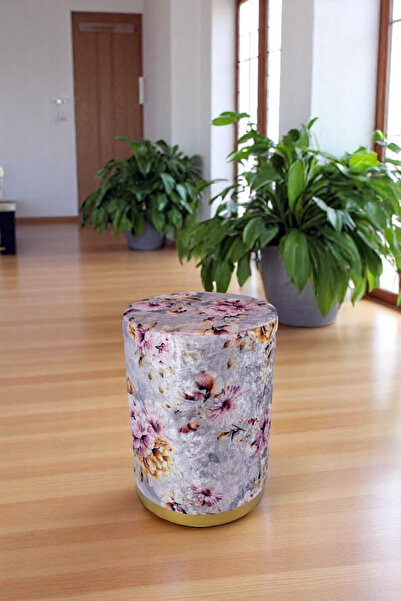 Arte Cotone Çiçek Desenli Kadife Kumaş Dekoratif Silindir Koltuk Puf Bench