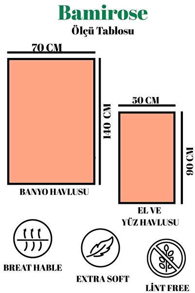 BAMİROSE Liana 50x90 70x140 Cm 2’li Banyo Havlu Takımı, Plaj Havlusu, Hamam Takımı
