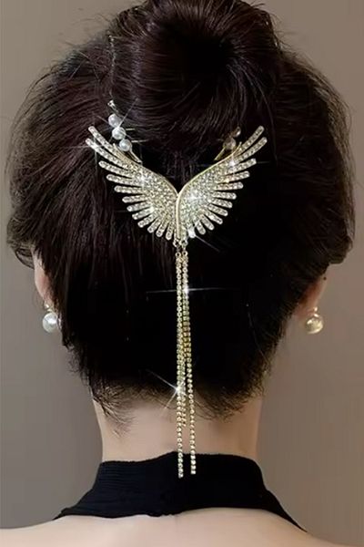 Modex Gold Colored Jewelled Pearl Wing Bun Buckle
