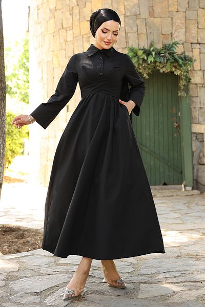 InStyle Rochie neagră cu guler de cămașă cu detaliu de curea