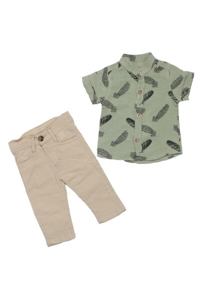 bebegen Baby Boy Green Beige Muslin Feather Patterned Shirt Set of 2