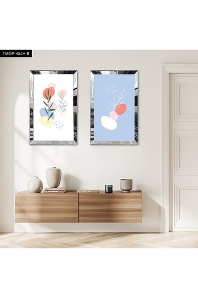Zevahir Mobilya Dekorasyon SET DE PENTRU TABLĂ MDF DUALĂ DECORATIVĂ PLANTE ABSTRACTE CU CADRU DE PLEXY CU OGLINDĂ DE ARGINTI, FOND ALB ALB
