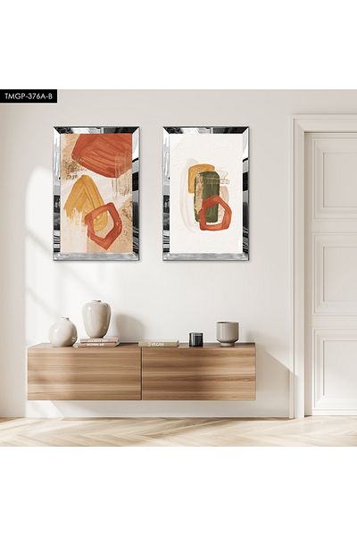 Zevahir Mobilya Dekorasyon SET DE TABLĂ MDF DUALĂ CU FORME ABSTRACTE PORTOCALE CU CADRU DE PLEXY CU Oglindă SILVER FOND ALB