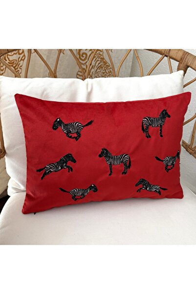 ge living Dekoratif Zebra Desenli Kırmızı Kadife Kırlent Kılıfı ( 35 cm x 50 ...