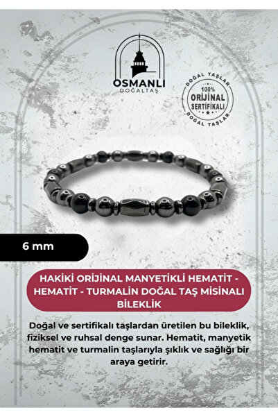 OSMANLI DOĞAL TAŞ Sertifikalı Hakiki Orijinal Manyetikli Hematit - Hematit - Turmalin Doğal Taş Misinalı Bileklik