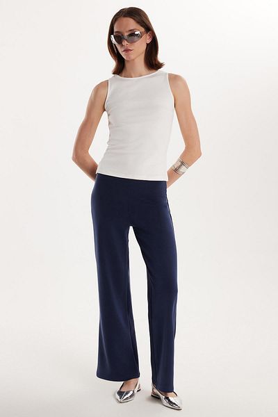 Tudors Women's Relax Fit Relaxed Cut Elastic Wide Leg Modal Navy Blue Trousers