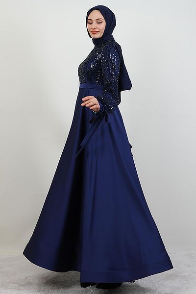 GİYZAMİLA Βραδινό φόρεμα Stoned Satin Hijab Navy Blue