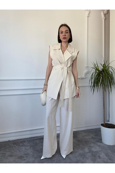 QİMYA BUTİK MAGARDE Women's Mid-Length Belted Vest and Loose Trousers Double Linen Set
