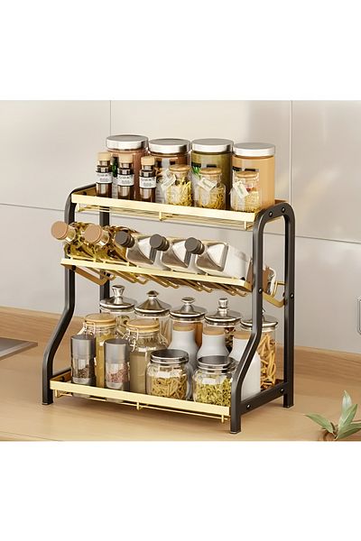 Herum Suport metalic cu 3 rafturi, pentru bucatarie, organizator, Negru, 36.5 x 20 x 35 cm