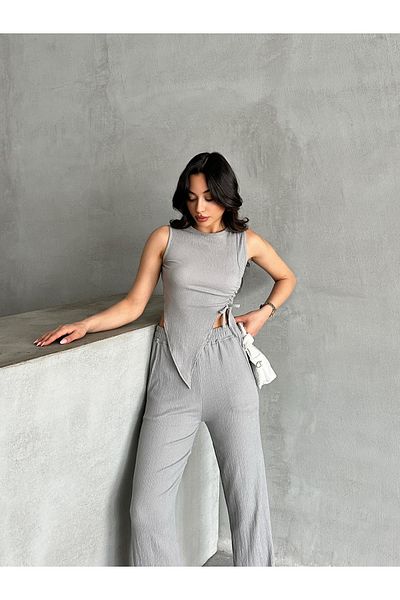 only moon Women's Clothing Asymmetric Cut Detail Burmcuk Fabric Bottom-Top Suit, Pants Bady