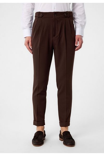 Antioch Dark Brown High Waist (Boyfriend) Pleated Fabric Trousers