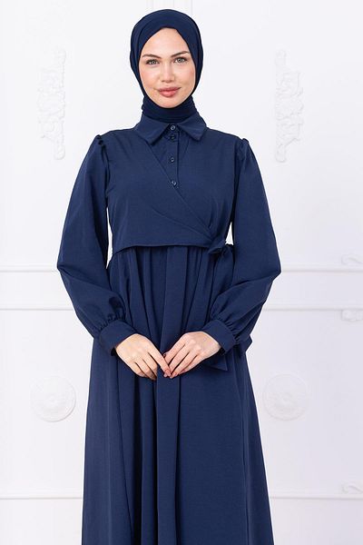 hafsamina Side Tie Hijab Dress Navy Blue Hm2753