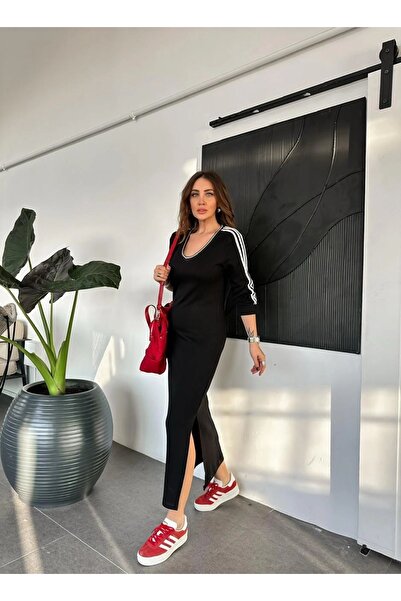 QİMYA BUTİK EGZOTIC Asortik Γυναικείο φόρεμα με λαιμόκοψη σε σχήμα V και μακρύ μανίκι με 3 ρίγες, μίντι μήκους, χτενισμένο βαμβακερό φόρεμα