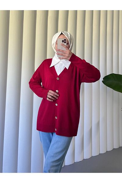 Modamorfo Buttoned Ribbed Knitwear Cardigan -Red