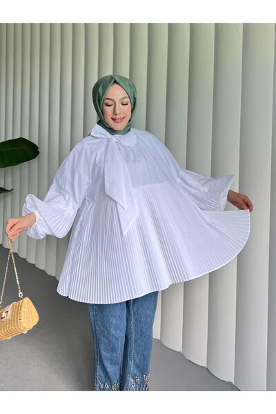 Modamorfo Beyza Pleated Tunic Collar Lace up Sleeves and Skirt