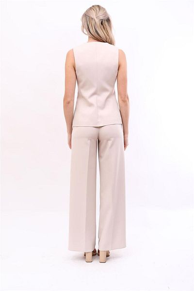 ÖNDER ÖZSOY Long Classic Vest & High Waist Loose Wide Leg Pants Suit-Beige