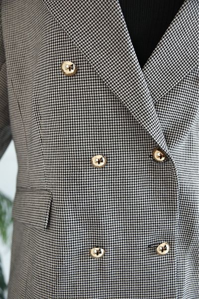 PARKDERİN Plus Size, Long, Gold Buttoned, Houndstooth Pattern, Blazer Jacket