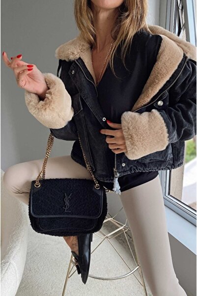 SAGİ JEANS Dámský džínový kabát s kožešinovým límcem a rukávy