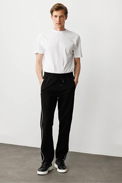 Desen Triko Erkek Yanı Çizgili Eşofman Altı Siyah