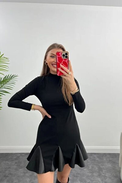 BUKETLİ Designer Dress with Leather Garni Wallpaper Skirt